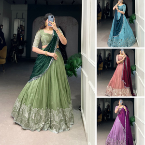 Tissu Pista Vert Argent Glosy Avec Paillettes et Broderie Travail Lehenga Choli Avec Rangoli Soie Dupatta pour Festivals - Product Image 6