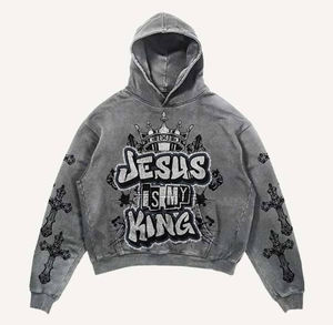 Sweat à capuche avec strass pull personnalisé lavage à l'acide hommes sérigraphie logo polaire Vintage Distressed Hoodie Basics coton mélangé - Product Image 1