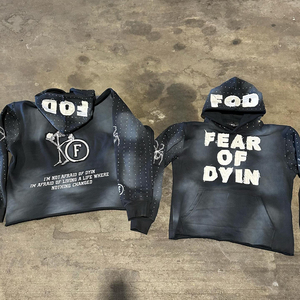 Sudadera con capucha con parche bordado desgastado lavado ácido personalizado 500 GSM sudaderas con capucha mezcladas de algodón con diamantes de imitación - Product Image 3