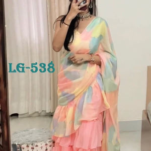 เสื้อส่าหรีสำหรับผู้หญิงผ้าส่าหรีดีไซน์เนอร์ผ้าจอร์เจียสำหรับปาร์ตี้สไตล์บอลลีวูดแต่งระบายล่าสุดดีไซน์อินเดีย - Product Image 1