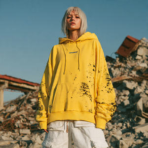 Sweat à capuche en molleton français imprimé et délavé, poids lourd 480/500 g/m², pour femmes, automne-hiver, ample et surdimensionné, vente en gros - Product Image 1