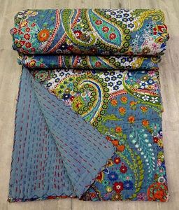 Indian Kantha Quilt Handmade Throw Block Print Stitched Cotton <b>Blanket</b> Bedspread Reversible Bedcover Home Easy Wash - Product Image 5