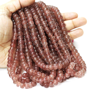 ลูกปัดควอตซ์สตรอเบอร์รี่ AAA ทรงรอนเดล: ขนาด 7-9 มม. พลอยสีชมพู, สายยาว 15 นิ้ว - Product Image 1