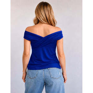 Blusa Sandy con Cuello Madonna y Detalle Fruncido para Mujer, 37958 - Azul - Product Image 5