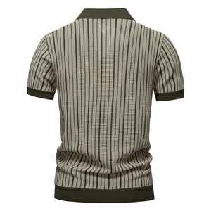 Malla a rayas para hombre para camisa Polo Jersey transpirable Top de punto con cuello vuelto y patrón sólido - Product Image 6