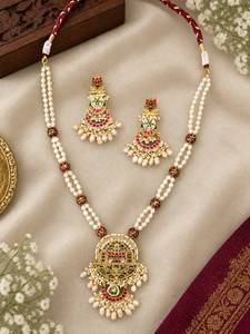 TISHYA DIAMOND Ethnic Gold Plated Round Brilliant Cut <b>Pearl</b> Necklace Earring <b>Set</b> Women's Wedding <b>Jewelry</b> Alloy - Product Image 2
