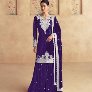 Chinon seda corte recto Kurta Palazzo conjunto con bordado trabajo indio y pakistaní Salwar Kameez ropa para fiesta - Product Image 1