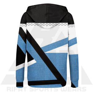Modern Ethnic Print Winter Hoodie Cobalt Blue & White Contrast <b>Zipper</b> Geometric Terry Front Soft <b>Fleece</b> Winter Wear Women - Product Image 4