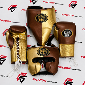 OEM Wholesale Price Golden Red No Boxing No Life Sparring Boxing Set Martial Arts Kickboxing MMA Muay Thai Gloves <b>Head</b> & Groin - Product Image 6