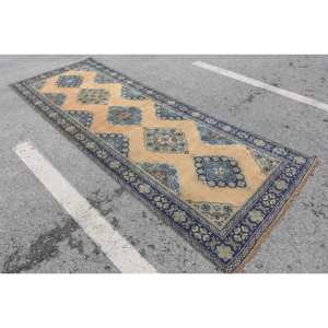 Tapis en laine beige bleu classique 4.1 x 11.2ft patchwork rectangle turc fait à la main avec support en latex grande taille pour salon adolescent - Product Image 2