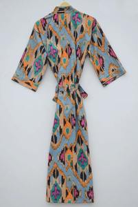 Comfortable 100% Cotton <b>Long</b> <b>Kimono</b> with Ikat Print for Women Lightweight Breathable Fabric Spring Summer Cover Lounging Luxury - Product Image 4