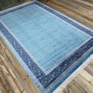 Tapis turc 6,4x6,7 pieds, grand tapis vintage, tapis en soie à carreaux bleus - Product Image 2
