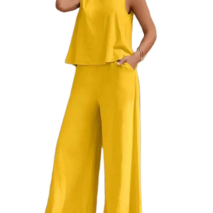 2025 QX para mujer sin mangas verano 2025 pantalones traje Flash venta Color sólido elegante dos piezas traje de cuello redondo - Product Image 1