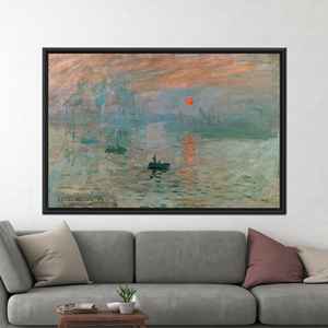 Obra de arte en lienzo con estampado impresionista de puerto, diseño de mar y sol suaves, 1P: con marco negro - Product Image 1