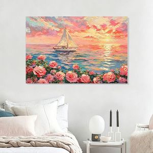 Impasto Sailboat Sunset - Impresión de arte de pared en lienzo con paisaje marino de rosas rosas, estilo pintura al óleo, para decoración del hogar, sala de estar y dormitorio - Product Image 2