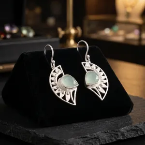 Boucles d'oreilles pendantes bohèmes en argent sterling 925 pour femmes, motif géométrique, chalcédoine rose sertie en clos, faites à la main - Product Image 1