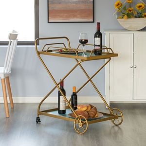 Spacious Metal Two Tier Serving <b>Trolley</b> With Dual Glass Trays For Large Volume Drink Service And Decorative Home Use - Product Image 1