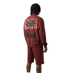 Ensemble sweat-shirt et short pour homme en coton poly French Terry épais, couleur bordeaux, effet délavé, avec logo patch. - Product Image 5