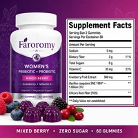 Gummies prébiotiques et probiotiques pour femmes OEM, saveur fruits rouges mélangés, canneberge, supplément de vitamine C, 60 unités, 30 portions