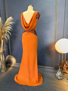 Robe maxi à col rond ornée de perles, broderie et perles, silhouette modeste en A, taille naturelle, mode simple, devant non tissé - Product Image 4