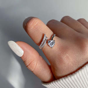 Hallmark Silver Sterling Heart <b>Ring</b> Rhodium Plated <b>Couple</b> <b>Ring</b> with Diamond Zircon Inlay Cute Bezel Setting for Engagement Gift - Product Image 2