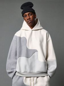 Beige Grey Men Colorblock Chándal Sudadera con capucha de dos piezas y pantalones para correr Conjunto de ropa de calle de gran tamaño Patchwork Casual Outfit - Product Image 3