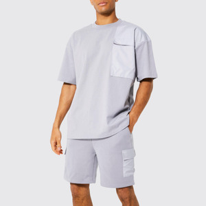 Conjunto de camiseta y pantalones cortos de verano con estampado de logotipo personalizado para hombre, transpirable, 2 piezas, patrón sólido, opciones de talla grande disponibles - Product Image 6