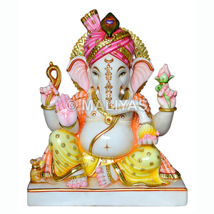 White Handmade Through-Carved Religious Marble Turban Ganesh Statue - Product Image 1