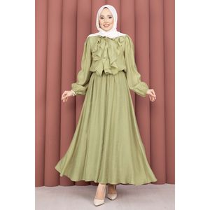 Casual Muslim Outfit Set Ruffled Long Sleeve Olive Green Skirt Print Pattern Breathable Prairie Chic Modal Fabric Adult Women's - Product Image 6