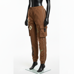Pantalon coupe-vent pour femme, tissu en nylon léger de haute qualité 120 GSM, panneau utilitaire marron, logo thermocollé, pantalon coupe-vent - Product Image 4