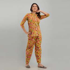 Traje de noche con estampado floral y Leopardo de algodón mostaza para mujer con cintura elástica y cierre de botón transpirable ODM Supply (SHKY1002) - Product Image 1