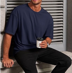 Breathable Mens Plain <b>Blue</b> Color Oversized <b>T</b>-<b>shirt</b> Short <b>Sleeved</b> High Quality Summer Sports Down Shoulder Tshirts Custom Logo - Product Image 3