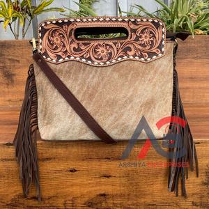 Custom Luxury Hand Tooled Cowhide Leather Fringe Crossbody Bag Manufacturer Genuine Leather Women's Top Handle Shoulder <b>Handbags</b> - Product Image 1