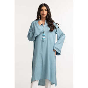 Camisa Azul Teñida con Adornos Vintage para Mujer, Talla XL, Algodón y Seda, Casual, con Borlas y Botones Bordados, para Otoño y Primavera - Product Image 2