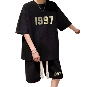 Men's Summer Two-Piece <b>T</b>-<b>Shirt</b> Shorts Set Casual Sports Breathable 100% Cotton High Street Style Drawstring Closure Short Front - Product Image 4