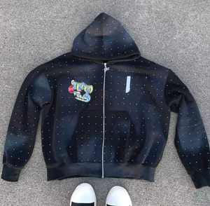 Nouveau 500gsm personnalisé Streetwear français éponge strass soleil délavé à l'acide en détresse Patch broderie recadrée fermeture éclair à capuche hommes - Product Image 3