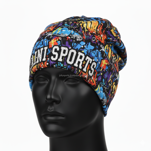 Gorro de gorro de moda para mujer, gorro de poliéster GSM Premium, tejido elástico, estampado multicolor vibrante, logotipo personalizado, gorros de Jacquard en relieve - Product Image 3