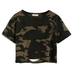 Custom Design Women Short Sleeve Distressed Crop <b>T</b>-<b>shirt</b> Summer Tops <b>Camouflage</b> Printed Cropped Top - Product Image 1