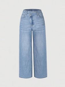 Jeans Anchos de Mezclilla para Mujer con Cintura Ajustable con Botones y Pierna Recta - Product Image 6