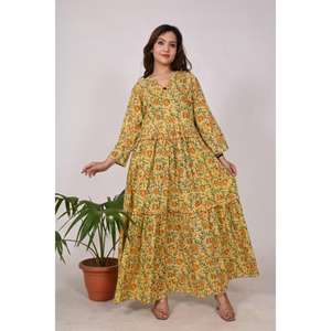 Vestido largo de algodón bohemio para mujer hecho a mano con estampado de bloques indios y cintura elástica traje étnico de verano para fiestas o viajes - Product Image 1