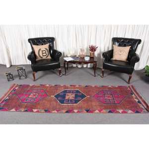Alfombra de lana azul roja Kilim de área grande, 3,1x9,2 pies, tejido plano turco, respaldo de látex, pila de felpa para pasillo, habitación, patrón rectangular - Product Image 2