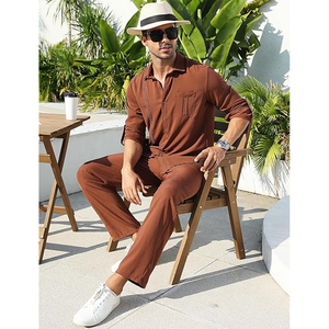 Full Sleeve Button <b>Down</b> Shirt Loose <b>Pants</b> 2 Piece Set High Quality Long Sleeve Beach Wear Outfits Yoga Casual With Pocket Men's - Product Image 3