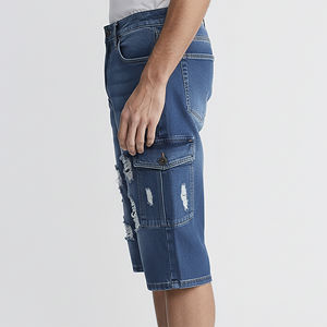 Shorts en jean longs coupe-vent de style hip-hop sur mesure pour l'été, logo brodé de haute qualité, déchirés, jorts pour hommes - Product Image 3