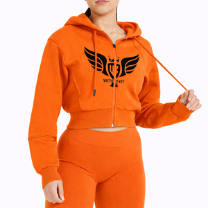 Womens Orange <b>Cropped</b> Zip Up Hoodie Set Fitness Tracksuit with High Waist <b>Leggings</b> Cotton Blend Activewear for Gym & Casual Wear - Product Image 1