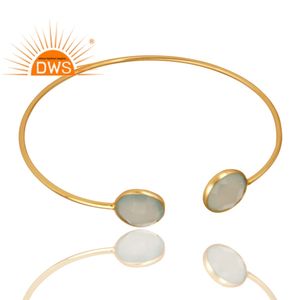 Latest Design Sterling Silver 18K Gold Plated Natural Aqua Chalcedony Gemstone Cuff Bangle Demi Fine Jewelry Manufacturer - Product Image 2