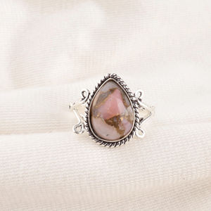 Belle bague en opale rose et cuivre, argent sterling 925, pierre précieuse de forme poire de 10x14 mm, bijoux faits à la main, pour femme, anniversaire - Product Image 1
