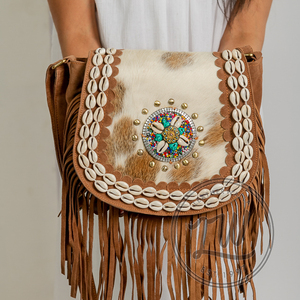 New Western Style Hair On Hide Fur Suede Leather Fringe <b>Bag</b> High Quality <b>Boho</b> Women Leather Shoulder <b>Bag</b> With Turquoise Stone - Product Image 6