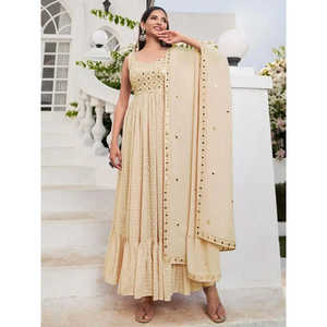Salwar Kameez en Georgette Beige à Paillettes Glamour avec Dupatta Style Pakistanais Vêtement Ethnique Indien Matière Lourde Saree - Product Image 3