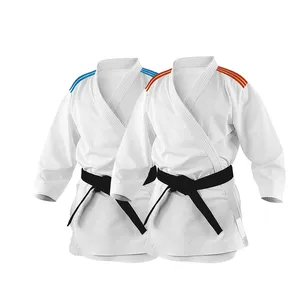 2024 Uniforme de karatê masculino com logotipo personalizado e design de artes marciais, uniforme 100% algodão com cinto azul celeste, cor branca