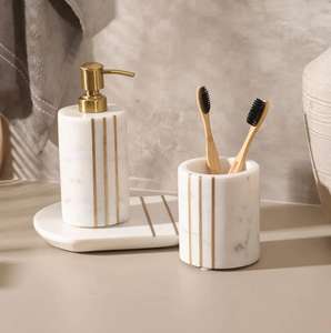 Luxury Look Marble <b>Bathroom</b> Set Of 2 Pcs With Brass Inlay Stone Crafts Handicrafts Home <b>Decor</b> <b>Bathroom</b> Accessories At Best Price - Product Image 6